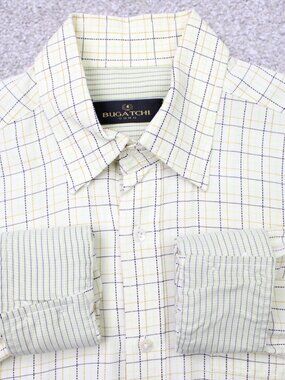 Bugatchi Uomo Shirt Mens Large Yellow Check Modal Rayon/Poly Blend Long Sleeve